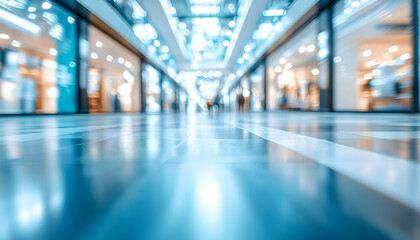 Fototapeta premium Abstract image of a modern shopping mall interior, showcasing blurred shoppers and gleaming floors. Ideal for illustrating retail, commercial spaces, or modern architecture themes.