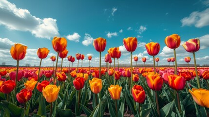 Obraz premium Tulips in Bloom: A vibrant field of blooming red and yellow tulips basks in the warm glow of the springtime sun, creating a stunning scene of color and beauty. 
