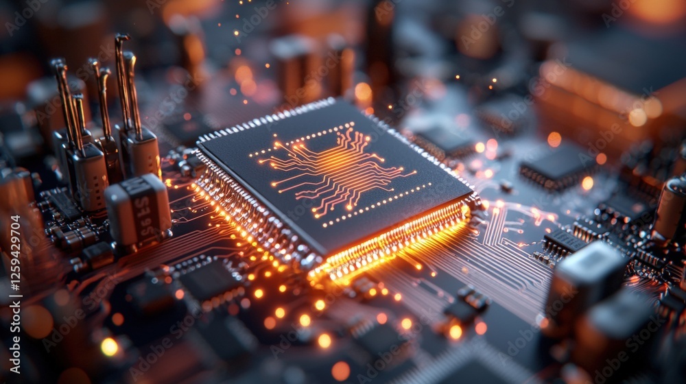 Poster close-up image of a computer chip with intricate circuits on its surface in high resolution detail