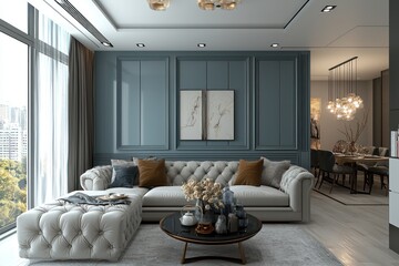 Modern living room in 2025 trend colors, clean design, 3D design.