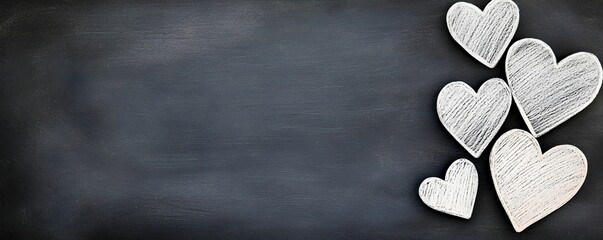 Fototapeta premium White Chalk Hearts on Dark Chalkboard Background for Love Themes
