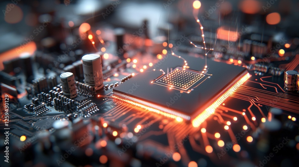 Poster close-up of a realistic computer chip with circuit design and intricate details in high fidelity