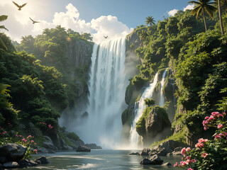Fototapeta premium Majestic waterfall cascading down a lush, green cliff, surrounded by dense tropical forest