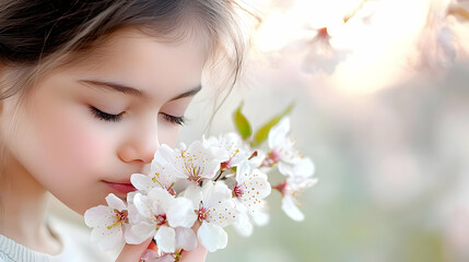 Fototapeta premium Girl smelling spring blossoms, garden, sunlight