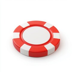 A red and white poker chip with a blank center, typically used in casinos for gaming and betting activities.