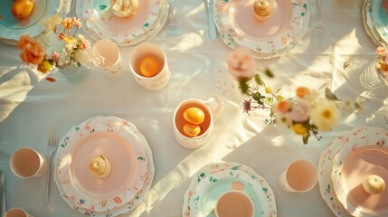 Fototapeta premium Elegant Birthday Table Setting with Floral Plates and Citrus Accents