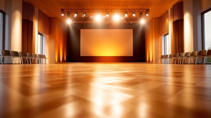 Grand Ballroom Stage: A spacious and elegant ballroom awaits, featuring a large projection screen illuminated by warm stage lights, and rows of chairs flanking a gleaming parquet floor.