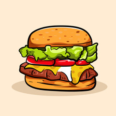 Hand drawn tasty burger fast food or hamburger and cheesburger With bacon, cheese, salad, tomatoes, cucumbera for ealthy restaurant menu isolated elements.