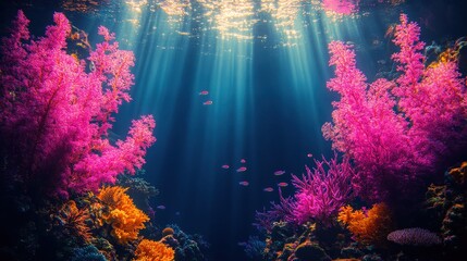 Naklejka premium Underwater coral reef, sunbeams, vibrant colors, marine life, ocean background, ideal for nature documentaries