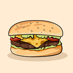 Hand drawn tasty burger fast food or hamburger and cheesburger With bacon, cheese, salad, tomatoes, cucumbera for ealthy restaurant menu isolated elements.