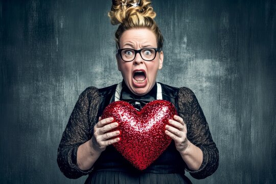 Commercial marketing idea. Adult valentine's day greeting card: midlife woman with begging eyes face holds red heart in hands. Sign of love and affection. Valentine's sparkling lights.