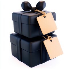 Two elegant black gift boxes stacked, each adorned with a ribbon and blank tags, perfect for any occasion.