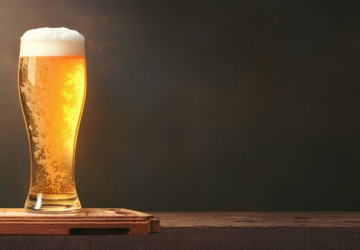 A tall glass of golden beer with frothy foam on a wooden table against a dark textured background, perfect for branding, advertising, and beverage promotions