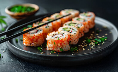 Spicy Crunchy Sushi Roll: A close-up shot of a delicious sushi roll with spicy crunchy topping, served on a black plate with chopsticks and a side of green onions.