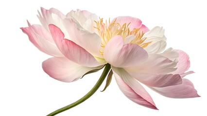 Fototapeta premium Delicate Pink Peony Blossom: A single, exquisite pink peony flower, with delicate petals and a soft, yellow center, bursts forth in a stunning display of natural beauty. 