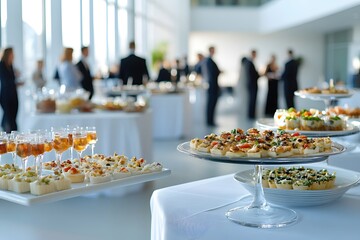Elegant Catering Event with Delicious Appetizers and Champagne in a Bright Modern Space