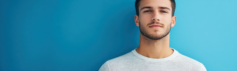Obraz premium Portrait of a young man on a panorama image with blue background