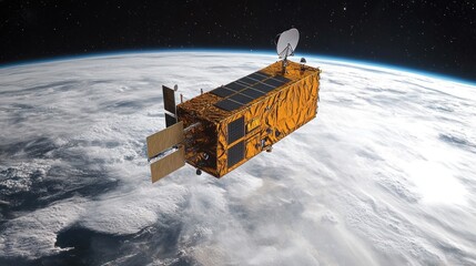 Satellite orbiting Earth, weather monitoring, space exploration, cloud cover