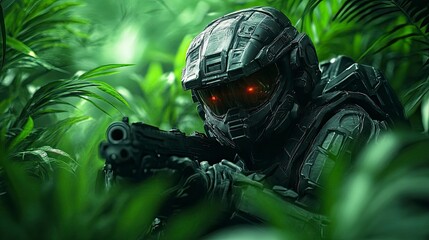 Combat android conducting recon in dense jungle, environmental adaption active, stealth mission
