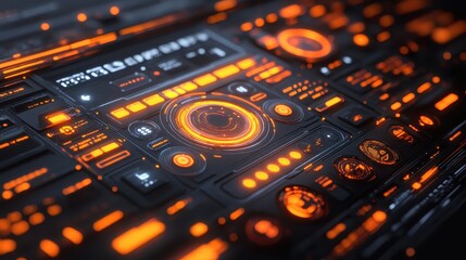 Obraz premium Futuristic control panel interface; orange lights; dark background; technology concept