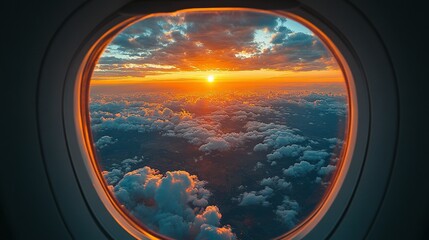 Aerial Sunset View Through Airplane Window Cloudscape