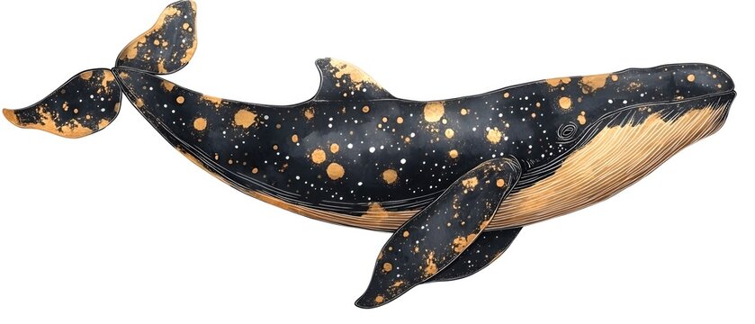 Elegant Whale Illustration with Gold Accents on Black Background for Creative Projects