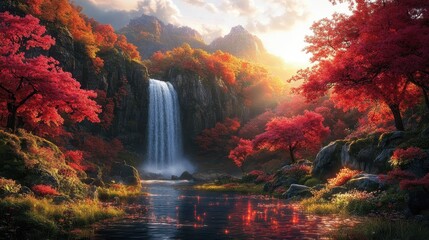 Fototapeta premium Autumn Waterfall Sunset Landscape, serene nature scene