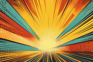 Obraz premium A vibrant sunburst comic book style natures scenery. Royalty high-quality free best stock of comic nature with forest, sun, trees, clouds, sky sunrise, mountains comic scene background