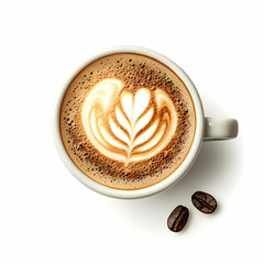Latte art coffee cup, overhead view, white background, for menu