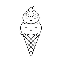Cute Kawaii Ice Cream Cone Line Art – Adorable Smiling Triple Scoop Vector Illustration