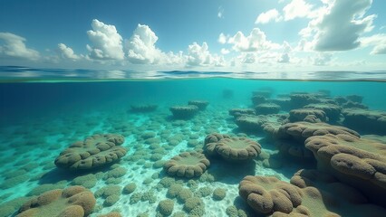 Fototapeta premium Shallow coral reef with clear turquoise water and sky with scattered clouds 