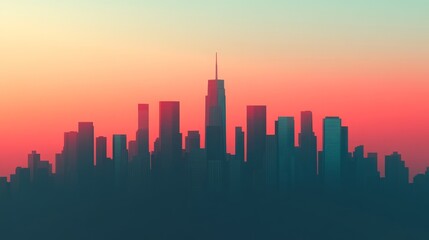 Fototapeta premium Vibrant Sunset Over City Skyline in Silhouette with Colorful Gradient Sky