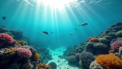 Fototapeta premium Split view of coral reef underwater with fish swimming and sky above water 