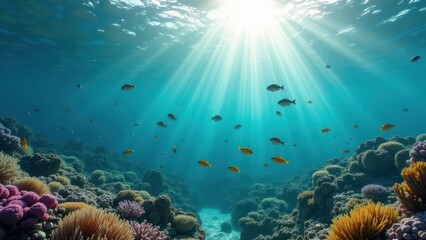 Naklejka premium Split view of coral reef underwater with fish swimming and sky above water 