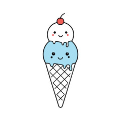 Kawaii Ice Cream Cone – Cute Smiling Triple Scoop Cartoon Vector Illustration