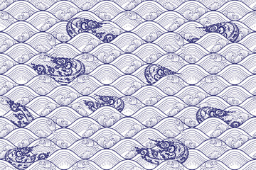 Traditional Thai art water ideal seamless delicate pattern in damask style wrapping cover print motif suitable for wallpaper, clothing, curtain, blanket, textile, tile and fabric design isolated.