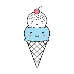 Kawaii Ice Cream Cone – Cute Smiling Triple Scoop Cartoon Vector Illustration