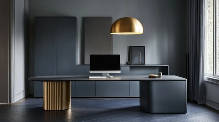 Modern home office interior design, desk, computer, calm background