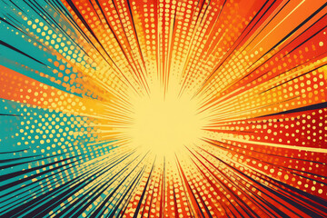 Obraz premium A vibrant sunburst comic book style natures scenery. Royalty high-quality free best stock of comic nature with forest, sun, trees, clouds, sky sunrise, mountains comic scene background