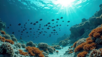 Fototapeta premium Underwater coral reef with various fish swimming and sunlight filtering through 