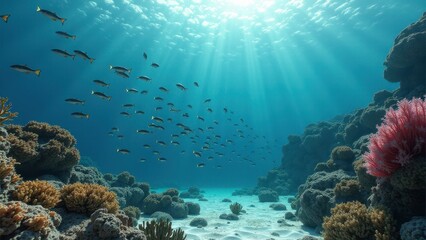 Fototapeta premium Underwater coral reef with various fish swimming and sunlight filtering through 