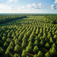 Fototapeta premium Aerial view of a large silviculture forest with neatly organized tree plantations
