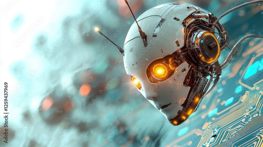 Poster realistic floating robotic head with glowing elements and visible circuitry in a futuristic design