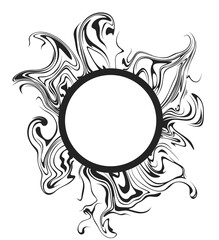 Abstract black and white circular frame with swirling patterns, perfect for text, logos and design projects. Circle with diverging black smoke. Sun concept with streams of plasma emissions.