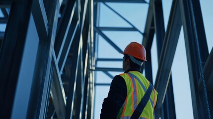 Engineer inspecting a building structure. Featuring safety protocols and quality checks. Emphasizing construction standards and safety. Ideal for engineering consultancy services.