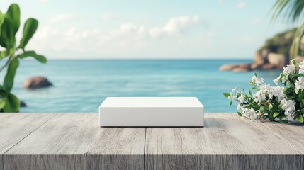 Tranquil beach scene with a pristine white display platform, perfect for showcasing your product. Serene coastal vibes.