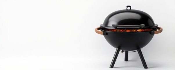 Sleek black and grey charcoal grill, white backdrop, black, clean, metal