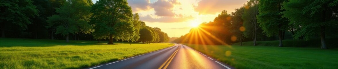 Naklejka premium Sun-drenched asphalt ribbon cuts through verdant park, stunning sky above , summer, rural, open