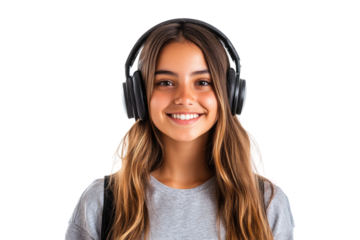 Smiling teenager girl with headphones on head isolated on white or transparent, PNG