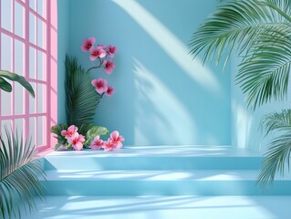 Obraz premium Tropical Scene with Pink Flowers and Palm Fronds on a Blue Background with Soft Light